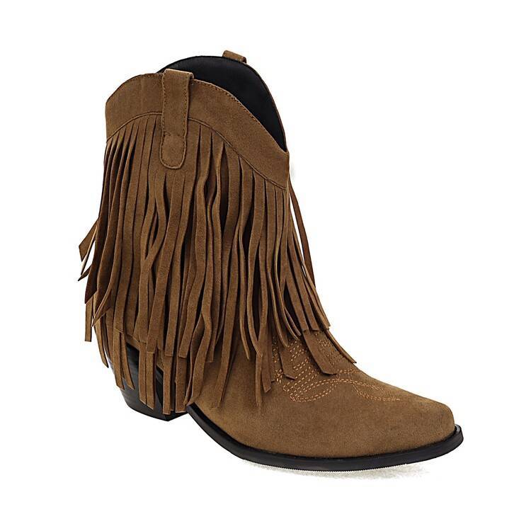 Cowboy Boot Embroidered Square Toe Chunky Heel Tassel Short Tube For Women