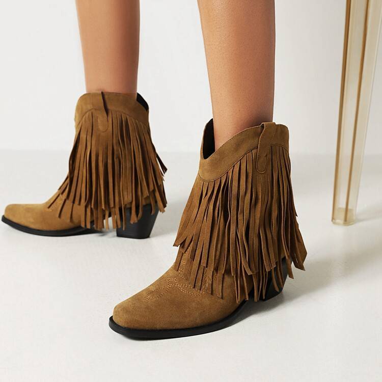 Cowboy Boot Embroidered Square Toe Chunky Heel Tassel Short Tube For Women