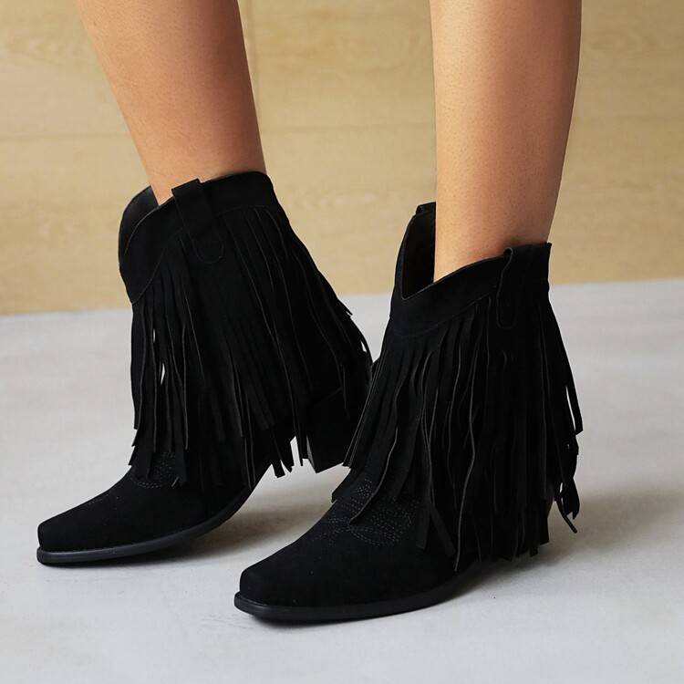 Cowboy Boot Embroidered Square Toe Chunky Heel Tassel Short Tube For Women